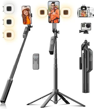 Selfie Stick Phone Tripod - 71 inch Tall Cell Phone Holder with Detachable Wireless Remote and 2 LED Lights for Recording, Video and Picture, Phone Stand for iPhone, Android, Camera & Gopro